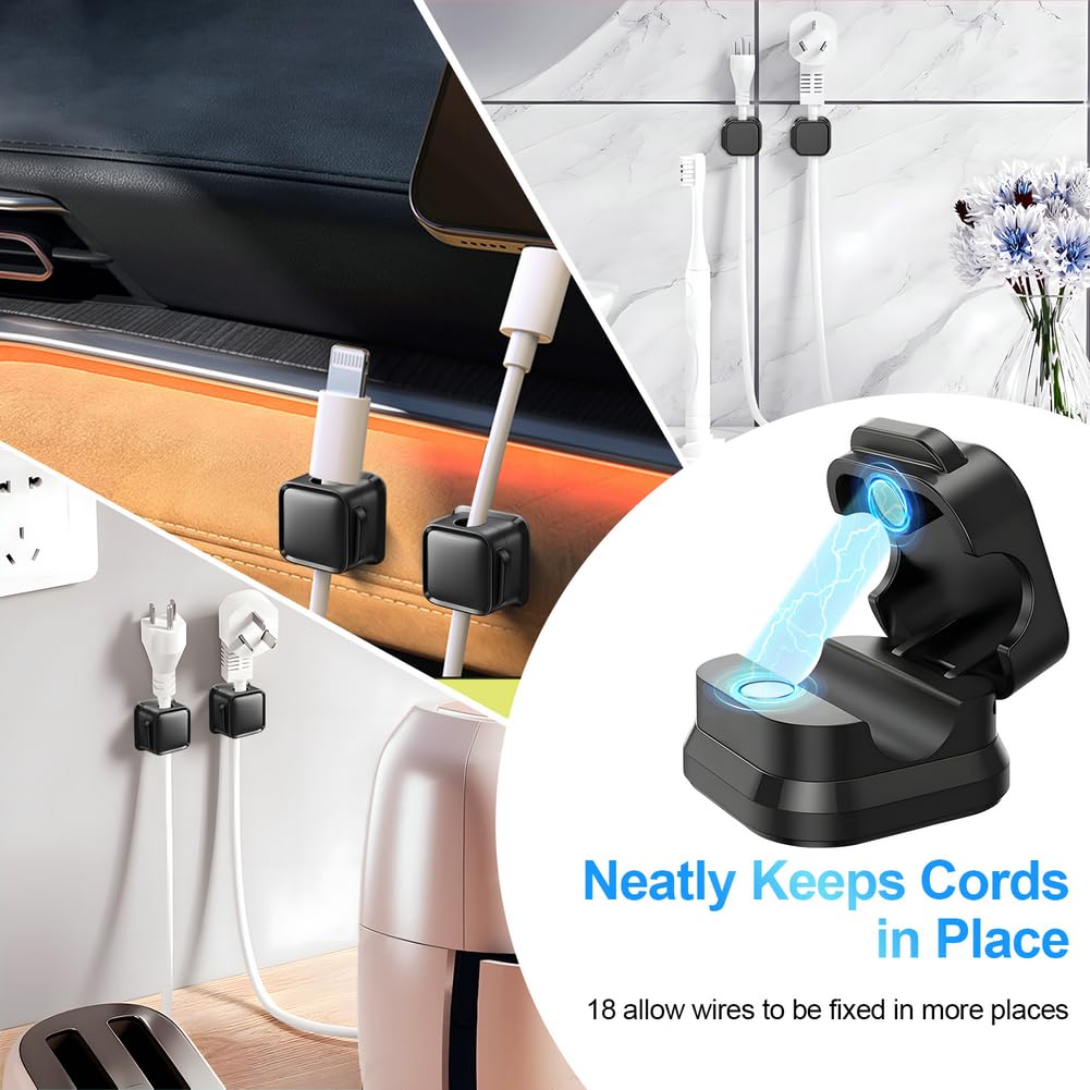 18 Pack Cord Organizer Holder,Magnetic Cable Clips Management,Easy Strong Adhesive Phone USB Charger Cord,Hide Or Organize Desk Cable for Kitchen,Office,Car,Nightstand（Black）