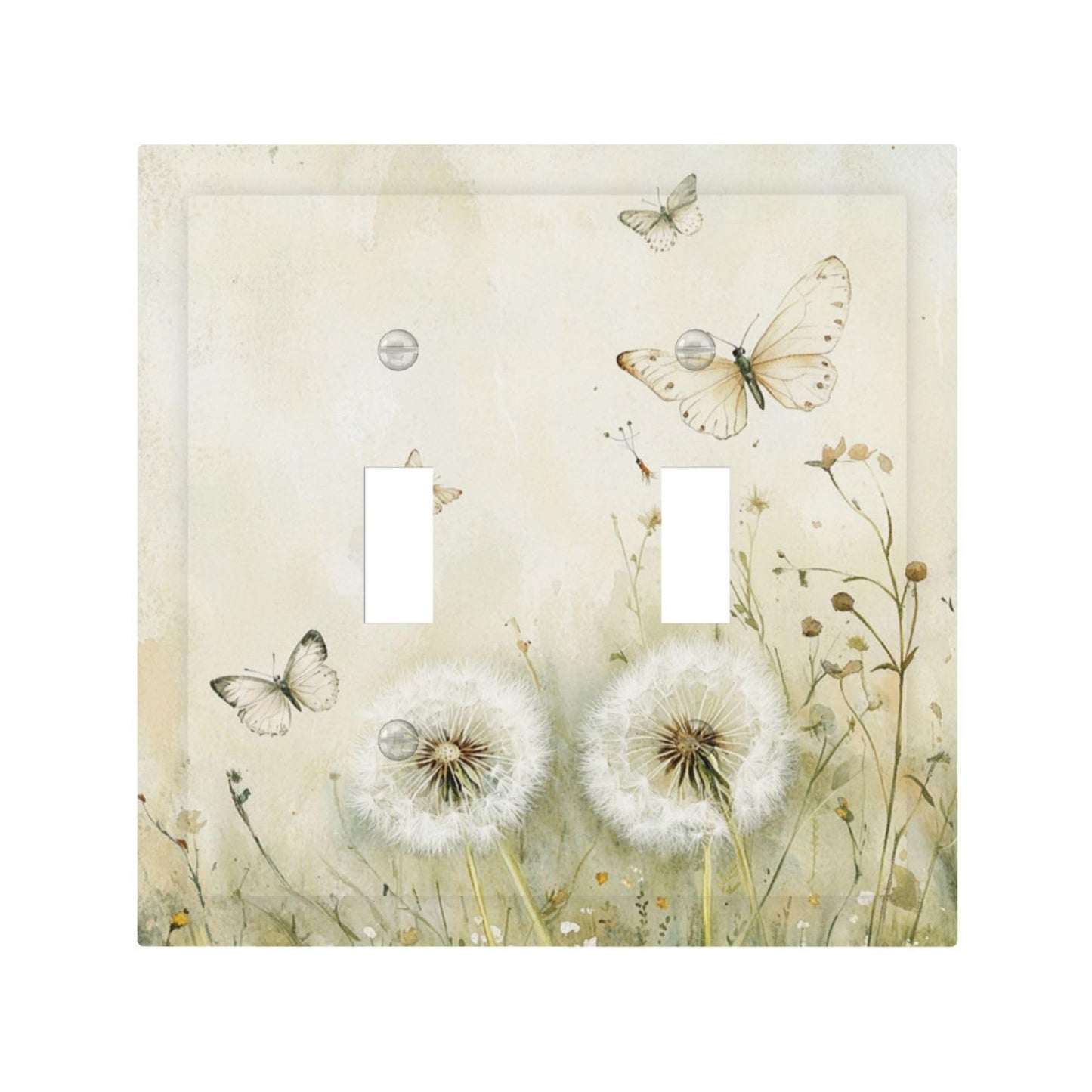 Xuejiaku Decorative Light Switch Cover Beige Butterflies Dandelions Wildflowers 2 Gang Wall Plates Double Toggle Switch Plate Decora Electrical Outlet Cover Faceplates for Bathroom Bedroom Decor