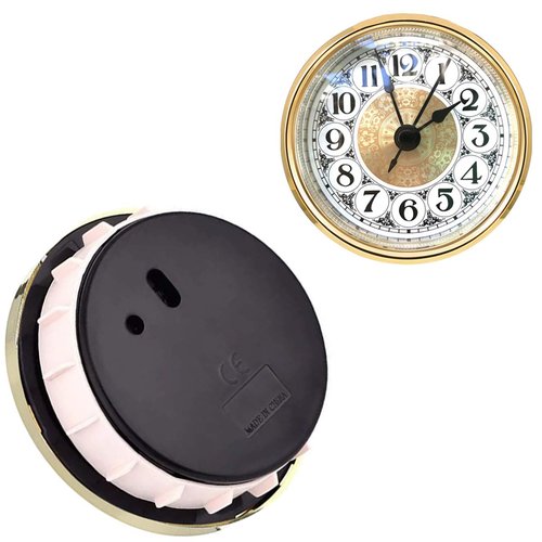 HILLHOME Mini Quartz Clock Insert 2.8 Inch (70 mm) Round Quartz Movement Miniature Clock White Dial Gold Trim Arabic Numerals, Fit 2.4 Inch (61 mm) Diameter Hole