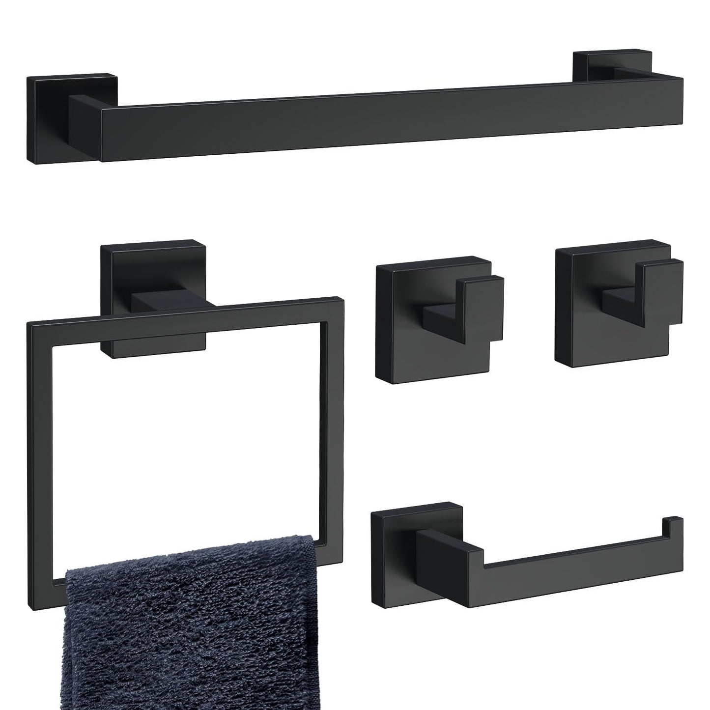 HAWKROWN 5-Piece Matte Black Bathroom Accessories Set, SUS304 Stainless Steel Wall Mounted 16 Inch Hand Towel Bar, Toilet Paper Holder, Towel Ring, Towel Hooks, Bathroom Hardware Set, Towel Bar Set