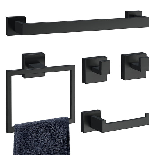 HAWKROWN 5-Piece Matte Black Bathroom Accessories Set, SUS304 Stainless Steel Wall Mounted 16 Inch Hand Towel Bar, Toilet Paper Holder, Towel Ring, Towel Hooks, Bathroom Hardware Set, Towel Bar Set