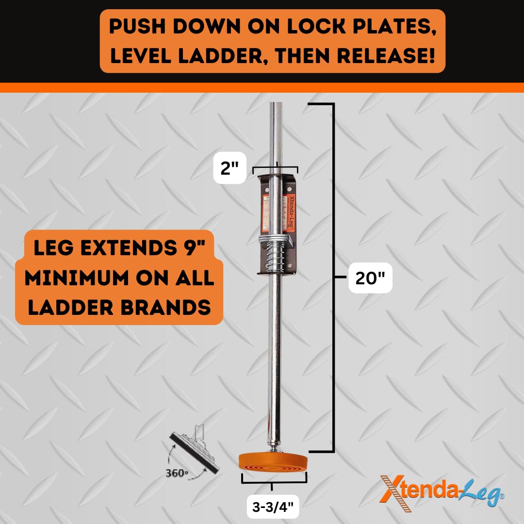 Xtenda-Leg® Ladder Leveler - Rubber Feet, Perfect for Extension Ladders, Stabilizer Attachments for Safe Use - Stable Platform for Uneven Ground - Easy Installation - OSHA Approved