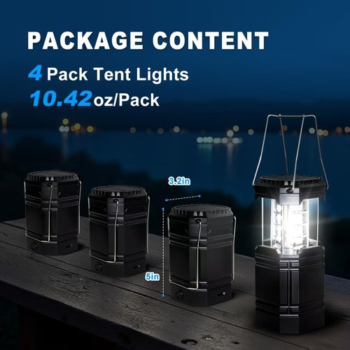 Camping Lantern Rechargeable, 2-in-1 Solar Flashlight & Tent Light, Emergency Camping Flashlight, Hanging Lanterns for Power Outages, Black 4 Pack