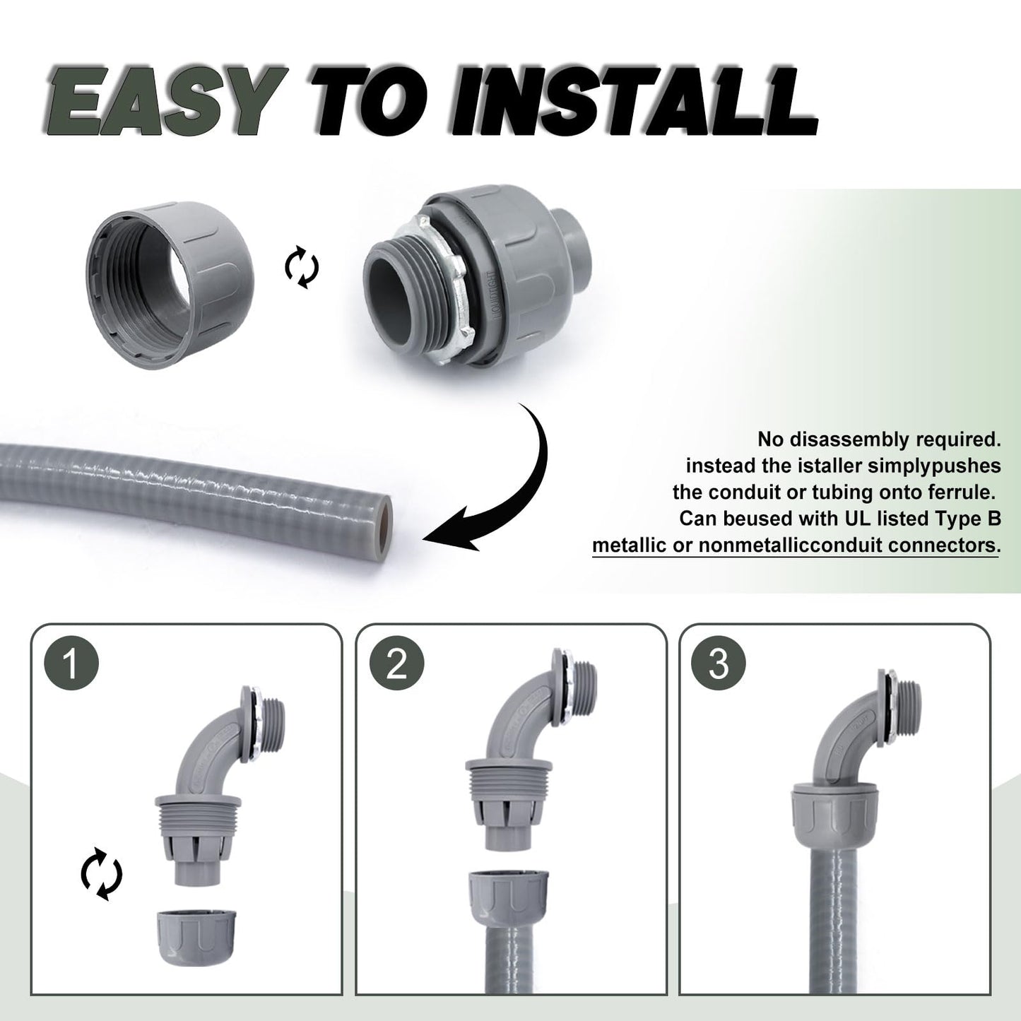 Feotech 30 Pack 3/4 Inch Liquid Tight Connectors - PVC Electrical Conduit Fittings, Straight, 90 and 180 Degree Non-Metallic Flexible Connectors for Home, Bathroom, and Kitchen, Gray