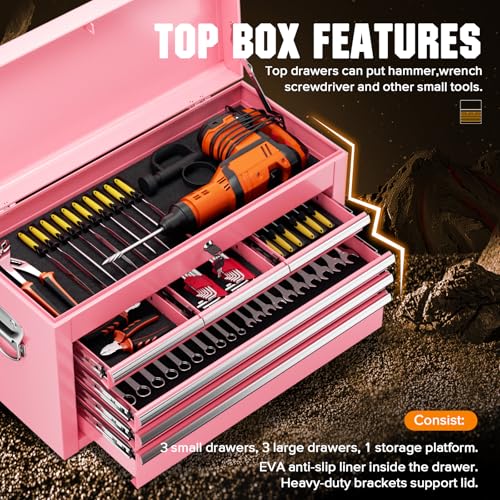 Crownland 8-Drawer Rolling Tool Chest: Pink, 2-in-1 Top Cabinet + Bottom Chest