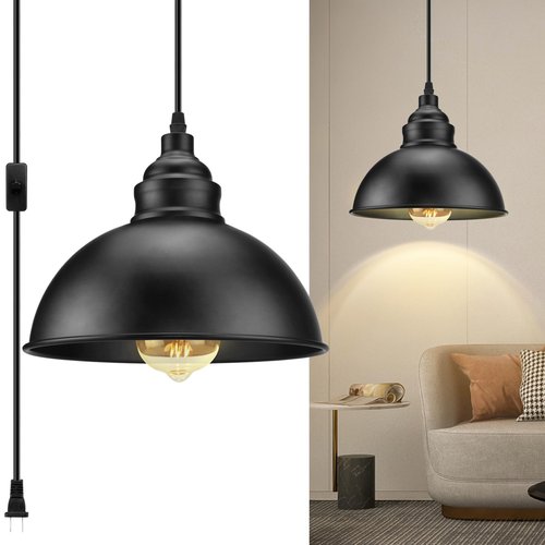 SoodMi Plug in Pendant Light, 15FT Hanging Lights with Plug in Cord, On/Off Switch, Industrial Pendant Light with Plug in Cord, Metal Hanging Lamps for Living Room, Kitchen, Dining Room, Bedroom