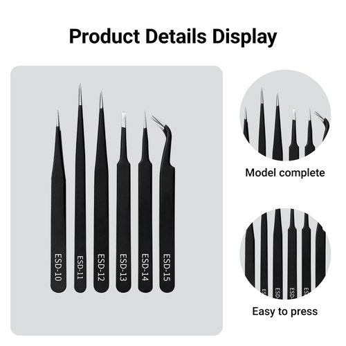 6-Piece Stainless Steel Precision Tweezers Set - ESD Safe Anti-Static Tips for Electronics, Jewelry & Lab Use with Storage Case