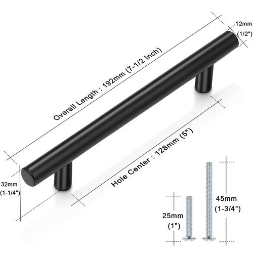 Probrico (5 Pack 5 Inch Hole Centers Flat Black Modern Cabinet Hardware Cupboard Pull Kitchen Cabinet T Bar Handle Dresser Pulls Stainless Steel Cabinet Hardware, 7-1/2 Total Length