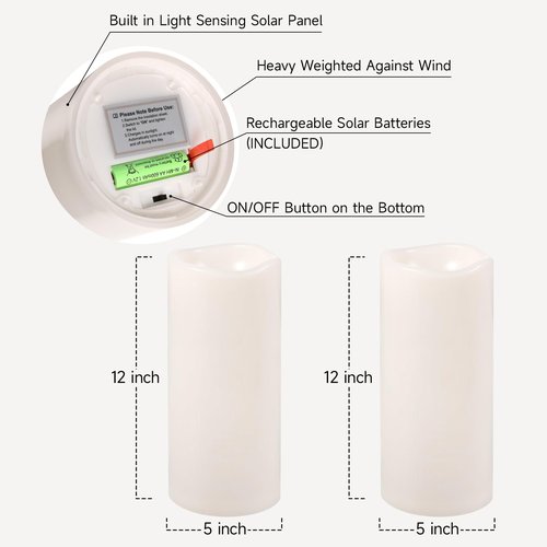 NURADA Large Outdoor Solar Candles Waterproof - 12" x 5" Rechargeable Solar Powered Flameless LED Pillar Flickering Candle for Patio Porch Lanterns Decor - Ivory White Set of 2