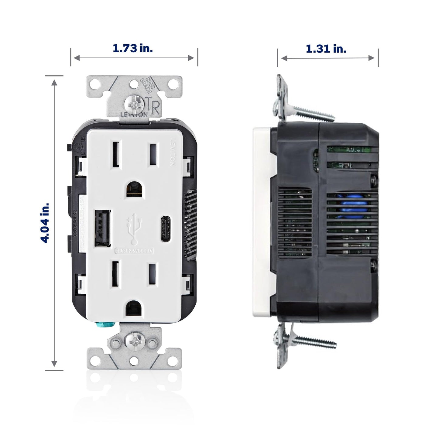 Leviton Type A & Type-C USB In-Wall Charger with 15A Tamper-Resistant Outlet, USB Charger for Smartphones and Tablets, Not for Laptops, T5633-W, White