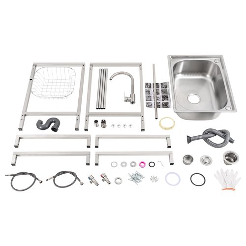 Free Standing Single Bowl Kitchen Sink, 23.6 * 17.7 * 29.5in Stainless Steel Utility Sink with Cold & Hot Tap, Commercial & Home Basin for Kitchen, Bar, Restaurant, Dessert Shop