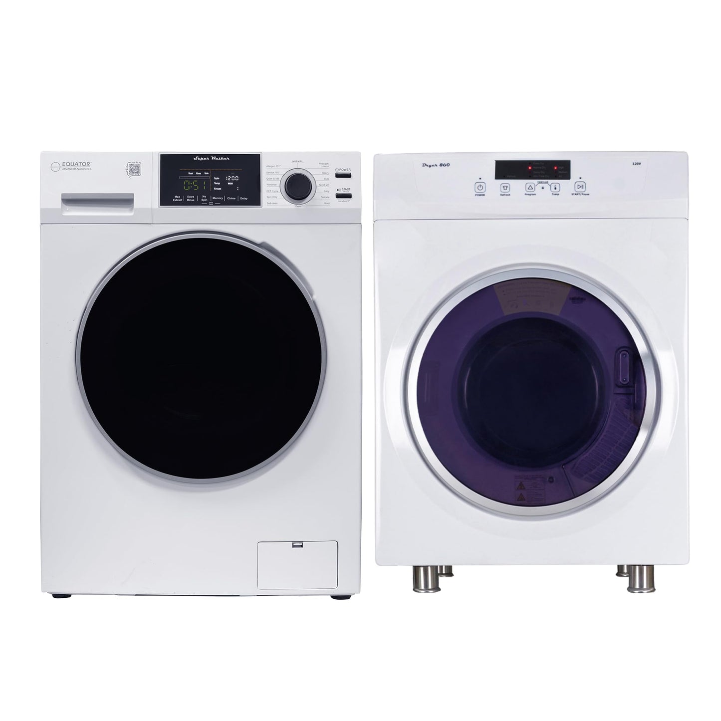 Equator Digital Pet 15lbs Compact 110V Set SaniWasher+Dryer Vented 3.5cf Sensor, White (EW 826 + ED 860)