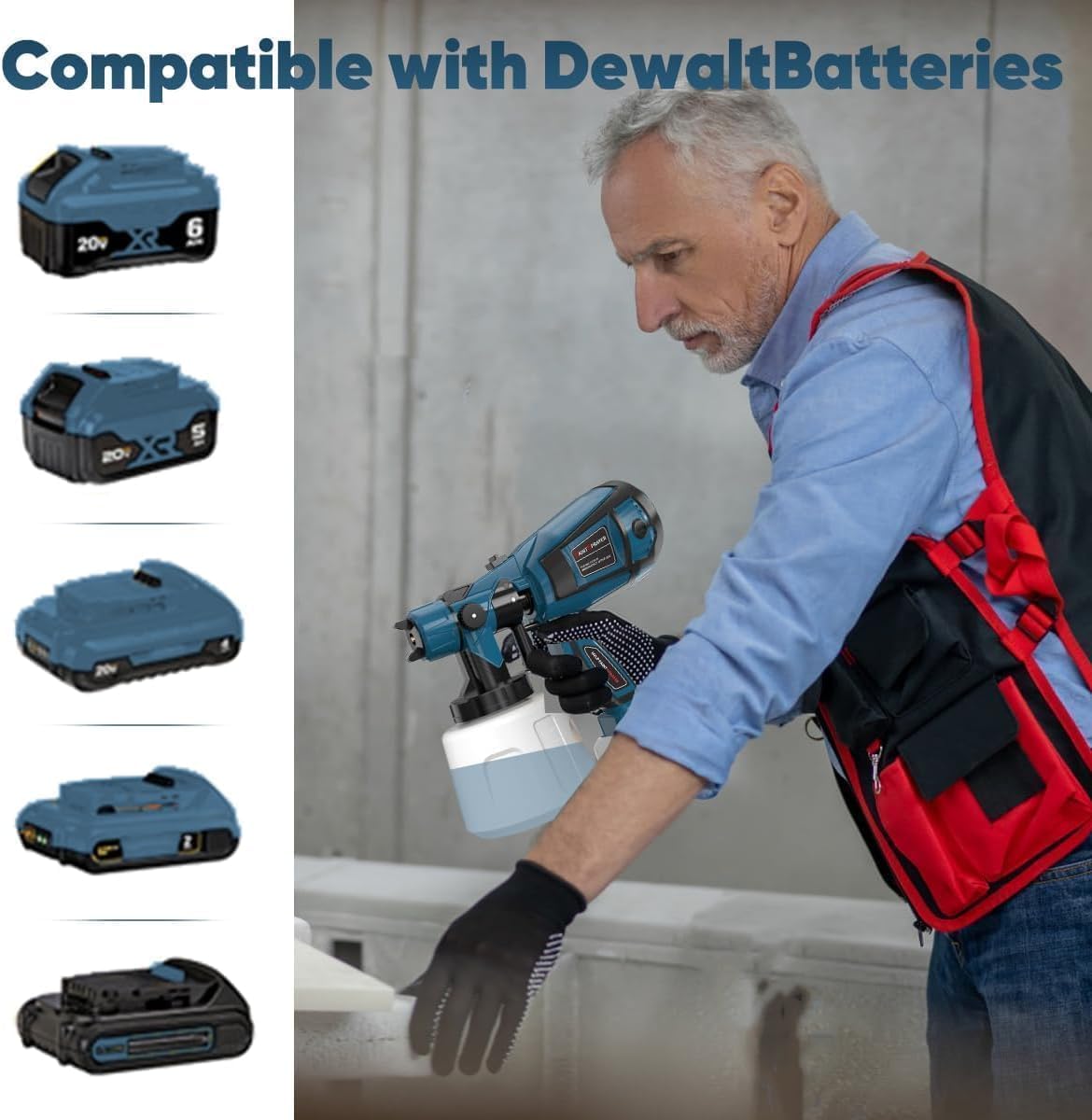 Cordless Paint Sprayer for Dewalt 20V MAX Battery Electric Spray Paint Gun with High Capacity Container Easy to Clean for House Painting Blue(Not Include Battery)