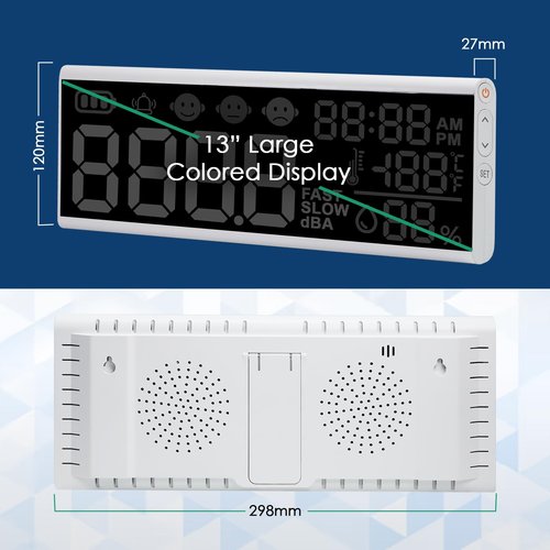 JuviPerpric 13 Inch Decibel Meter - Wall Hanging Sound Level Meter with Large LED Display, Noise, Temperature, Humidity, Time Monitor for Classroom