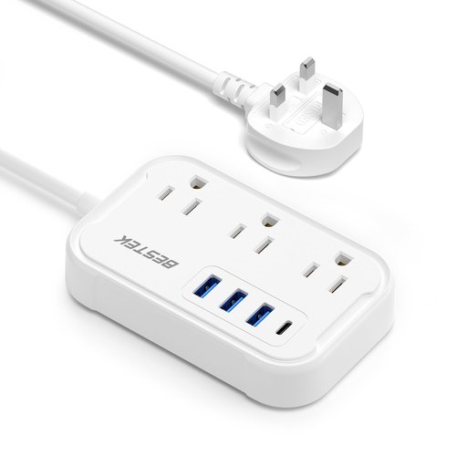 BESTEK US to UK Travel Plug Adapter: Type G Adapter with 3 AC Outlets and 4 USB (1 PD20W) - Power Strip for USA, UK, Ireland, Scotland, Hong Kong, British, London - 2.6ft