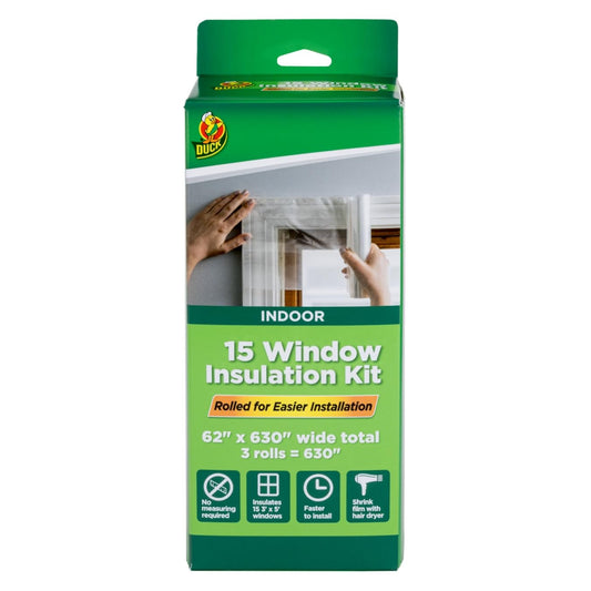 Duck Brand Winter Window Insulation Kit – Window Seal Rolled Shrink Film Covers Up to 15 3’ x 5’ Windows – Window Tape Included – Easy Indoor Installation - Clear - 15-Pack (288069)