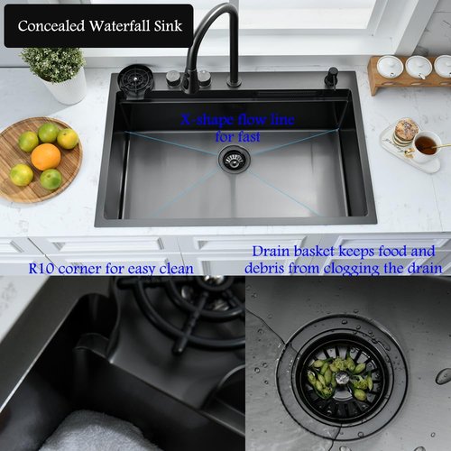 33 Inch Black Waterfall Kitchen Sink Drop In Workstation-Bokaiya 33x22 Kitchen Sink with Faucet Combo Smart Top Mount 304 Stainless Steel 16 Guage Deep Single Bowl Multifunctional Sinks