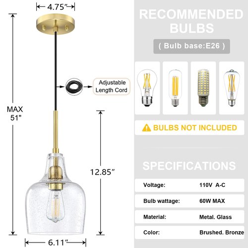 3 Pack 1 Light Indoor Hanging Kitchen Island Pendant Ceiling Light 6.1" Clear Seeded Glass Fixture,Brushed Bronze Finish for Farmhouse Over Sink Bedroom Hallway