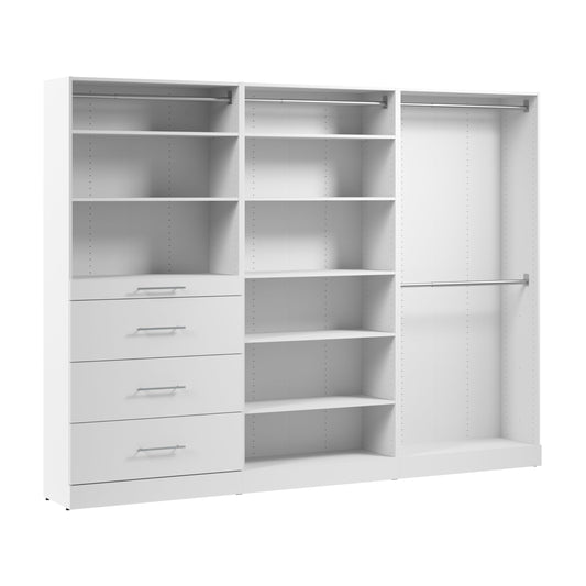 Bestar 107W x 16D Modular Closet Organizer System, Walk-in Closet with Rods, Shelves, and Drawers, Slab Style, Florence Collection, White