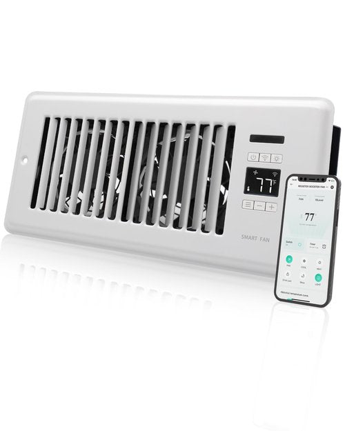 Super Quiet Register Booster Fan for 4" x 10" Register Holes, Smart Register Vent with Dual Intelligent Thermostat and WIFI App Control, Heating Cooling AC Vent Fan (White)