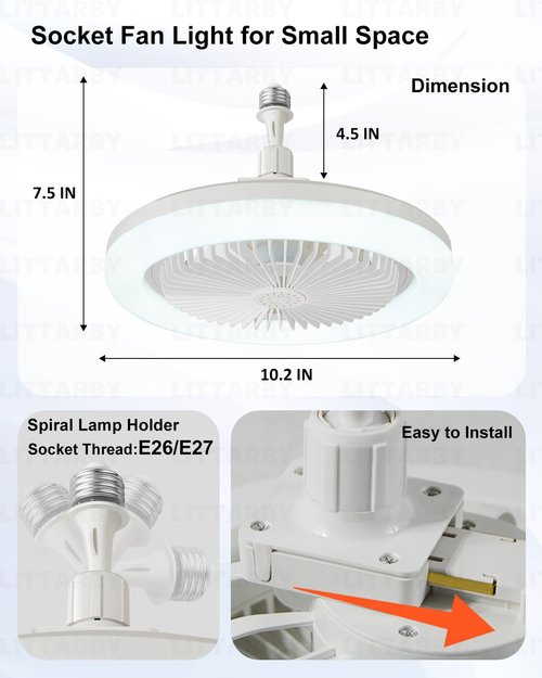 Socket Fan Light with Remote Control, 3 Colors 3000K-6500K Dimmable LED Light Bulb Fan Screw in Ceiling Fan for Bedroom, Kitchen, Storage Room, Closet, Wireless Small Ceiling Fans with Lights - White