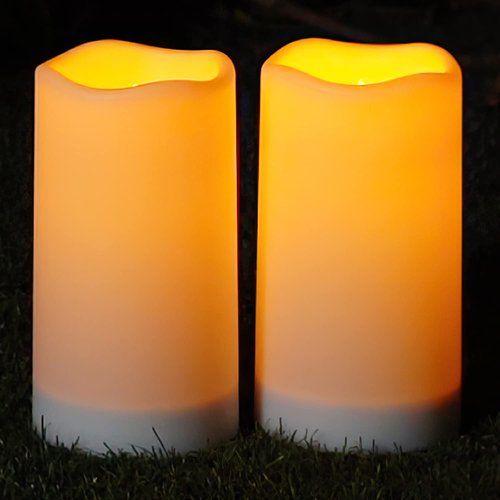 Homemory Solar Candles Outdoor Waterproof, 3"x6" Rechargeable Solar Powered Lights, Flameless Flickering Dusk to Dawn Sensor Outdoor Pillar Candles for Lanterns, Garden, Patio, Porch, Set of 2