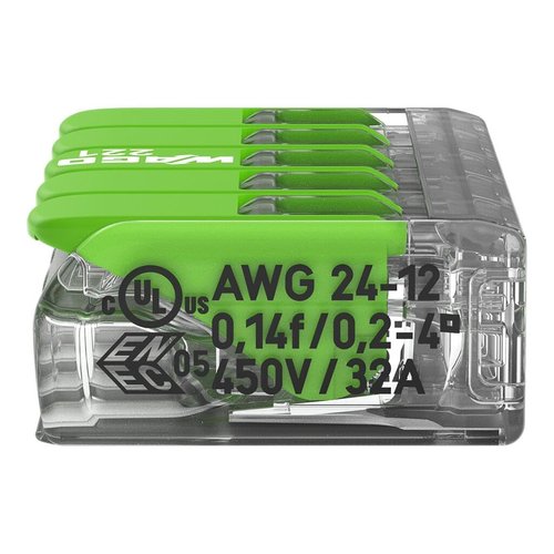 WAGO 221-425 |Splicing Connector Green Range | for Solid, Stranded and fine-Stranded Conductors | 5-Conductor with levers | 24-12 AWG | Transparent housing | [25 Pieces]