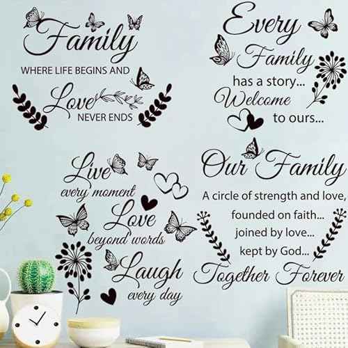 4 Set Family Stickers Vinyl Quote Decals Family Lettering Decals Inspirational Saying Stickers Wall Decor for Living Bedroom Wall Decorations