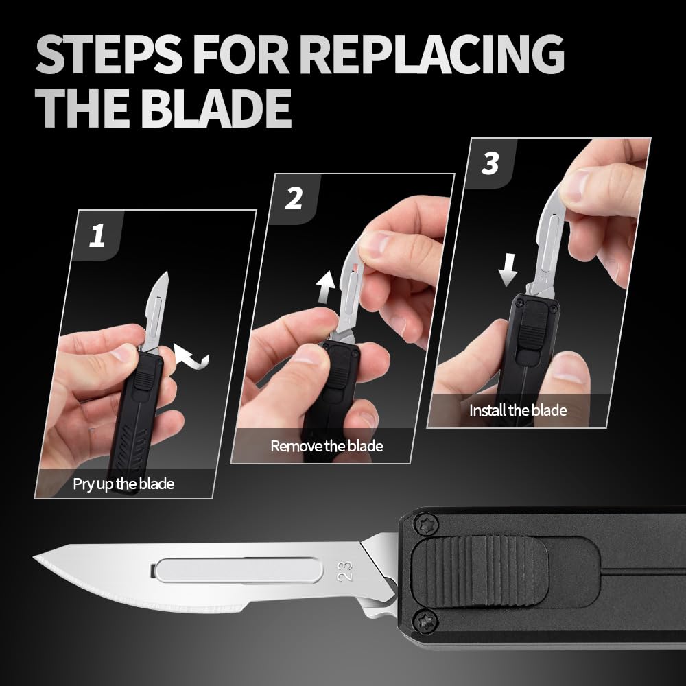 cckk Utility Knife, Aluminium Alloy Pocket Knife with Clip, Black Pocket Knife, EDC Razor Knife with 20PCS #23 Blades
