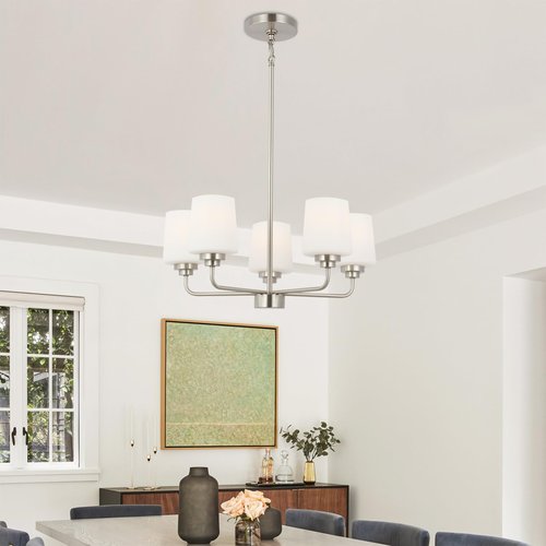 5-Light Dining Room Light Fixture, E26 Base Chandelier for Dining Room with White Shades, Modern Chandelier for Living Room, Dining, Kitchen Island (No Bulbs Included)