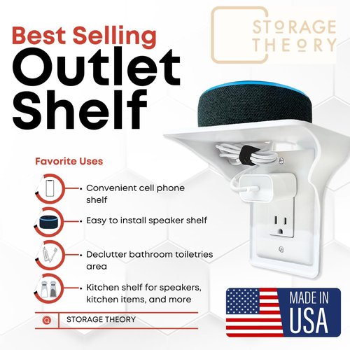 Storage Theory Power Perch Double Outlet Shelf with Cord Storage Strap – Wall Shelf for Echo Dot, Electric Toothbrush, Phone – Bedroom & Bathroom Organizer (White, 1-Pack)