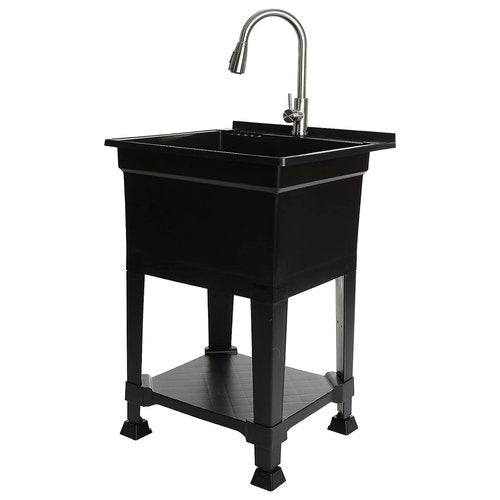 UTILITYSINKS Freestanding Utility Tub Sink with Quick Connect Drain, 24 x 24", Black - Portable and Compact Sink with Faucet for Outdoor Kitchen, Laundry Room, Garage, and Basement