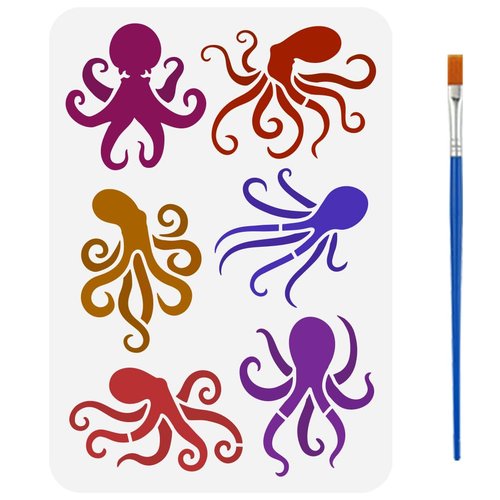 FINGERINSPIRE Octopuses Stencil with 1Pc Plastic Paint Brush 8.3x11.7inch Reusable Octopus Pattern Animal Theme Template for Painting on Wall Wood Fabric Canvas Furniture DIY Home Decoration