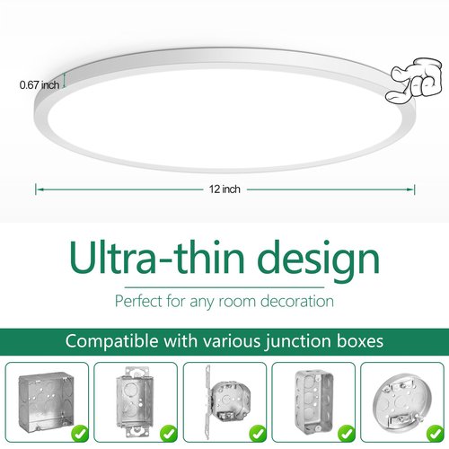 Brightever 4Pack LED Flush Mount Ceiling Light Fixture, 12 Inch 24W, Super Slim 0.67 Inch, 3200LM, Dimmable & 2700K-6500K 5 Color Selectable LED Ceiling Lights for Bedroom