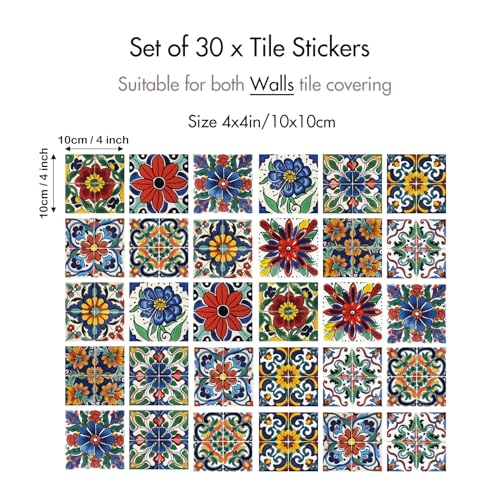 30 Pcs Mediterranean Style Peel & Stick Wall Tile Decals - Waterproof Vinyl Backsplash & Decor