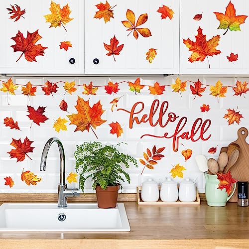 Whaline Fall Maple Leaves Wall Decals - Autumn Holiday Home Decor, 9 Sheets, 8.3 x 10.6 Inch