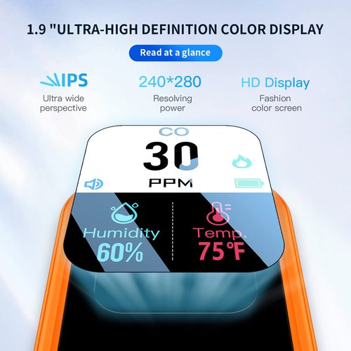 HAKINAKU [3-in-1] Carbon Monoxide Detector Portable Mini Air Quality Monitor with Lanyard Alarm CO Meter Temperature Humidity Sensor Built-in 1000mAh Battery, Indoor/Outdoor (Orange)