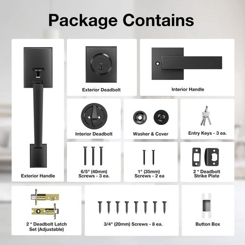 Brightify Black Front Door Handle, Matte Black Exterior Door Handle with Door Lever, Modern Front Door Lock Set, Adjustable Deadbolt with Single Cylinder, Reversible for Right&Left