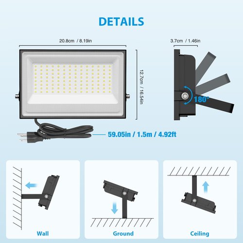 Meloght 160W Flood Lights Outdoor, 16000LM LED Work Light with Plug, Daylight White 6500K LED Flood Light, IP66 Waterproof Exterior Security Lights for Yard Garage Stadium 2 Pack