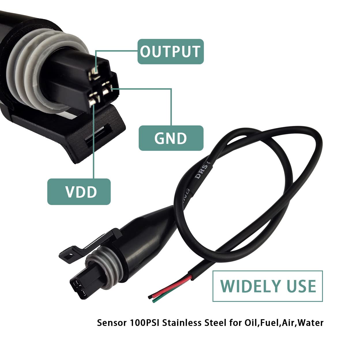 Pressure Transducer Sender Sensor with Connector, 1/8"NPT Thread Stainless Steel Fuel Pressure Sensor for Oil Fuel Air Water (100PSI)