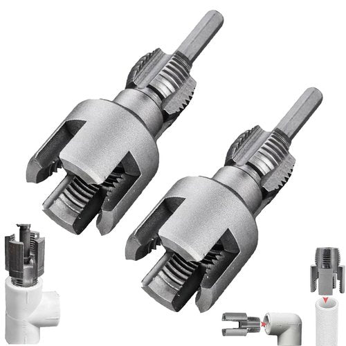 Pipe Threading Tool, Dual-Function Pipe Thread Cutting Tool, Electric Drill Compatible PVC & Plastic Pipe Threader Kit for Home Repair(1/2+3/4)