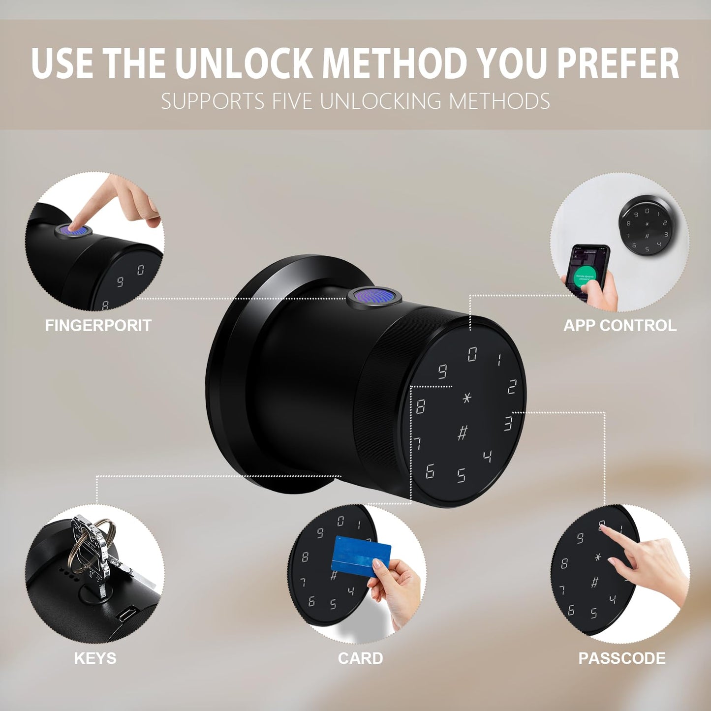 Fingerprint Door Knob, Keyless Entry Smart Door Knob with Touchscreen Keypad, Key FOB, App Control, Auto Lock, Voice Prompts, 300+ User Capacity, Door Lock for Bedroom, Gate, Office, Matte Black