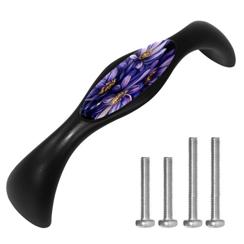 NEWzone 4 Pack 5.6 Inch Cabinet Pulls Kitchen Cabinet Handles with Purple Flower, Black Cabinet Hardware Stainless Steel Kitchen Drawer Pulls for Cabinets Cupboard, 125mm Hole Center