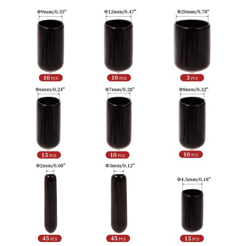 Aleric 163pcs Rubber End Caps,Round Bolt Covers Caps,Vinyl End Cap Screw Thread Protectors,Rubber Screw Cover Bolt Cap for Metal Tube Rod Bolt in Size 2mm 3mm 4.5mm 6mm 7mm 8mm 9mm 12mm 20mm(Black)