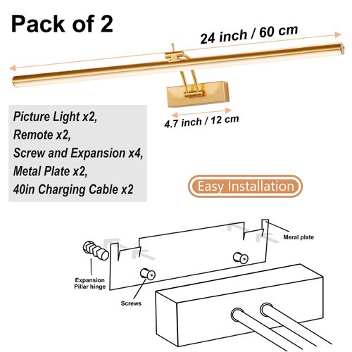 Yuichoy 2 Pack 24 inch Picture Light Battery Operated for Wall, Wireless Display Art Lighting for Painting with Remote, Dimmable 6400mAh Picture Frame Lights for Gallery, Brass