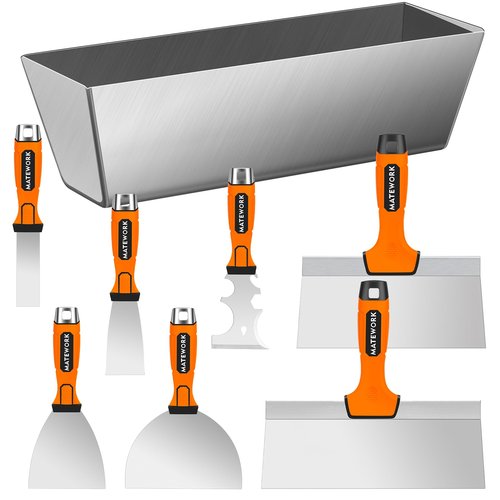 Matework Drywall Tools, 8Pcs High Quality Stainless Steel Drywall Knife Set, Putty Knives with Mud Pan, Ergonomic Grip Tapping Knife with Hammer End for Wall Work