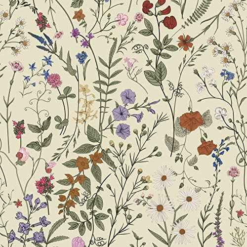 JiffDiff Floral Wallpaper Peel and Stick- 118" x 17.3" Farm Floral Wall Paper Wildwood Daisy Self Adhesive Stick On Wallpaper Removable Contact Paper (Mustard)