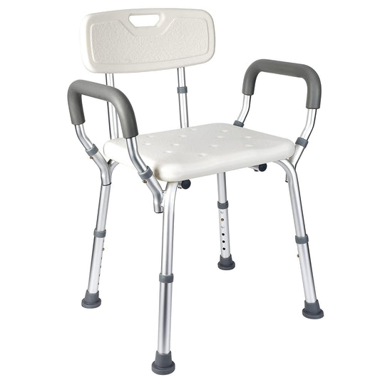 Shower Chair for Inside Shower, Adjustable Height Bath Stool with Nonslip Feet, Tub Chair with Padded Armrests & Back for Elderly and Disabled, 350 Lb Capacity, White