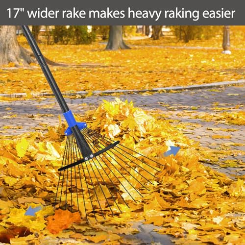 Heavy Duty Adjustable Metal Leaf Rake with Long Handle & Expandable Head for Gardening