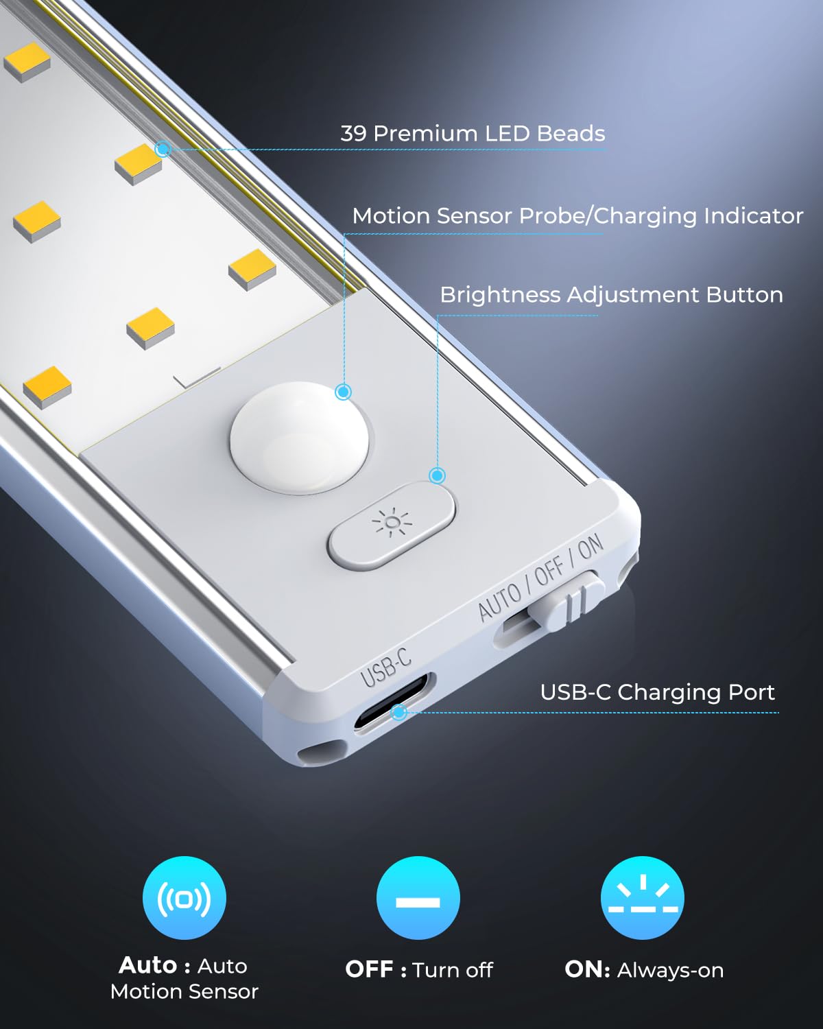 Under Cabinet Lighting - 10.5" Motion Sensor Light Indoor, Magnetic Wireless Closet Lights, Dimmable Led Night Light, Rechargeable Under Counter Lights for Kitchen, Bedroom, Stair, 2 Pack